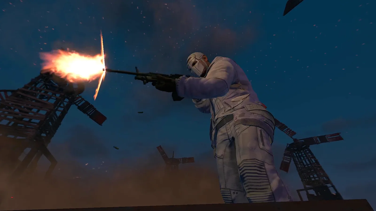 A masked defender fires an assault rifle from the roof of the base, windmills silhouetted against the night sky.